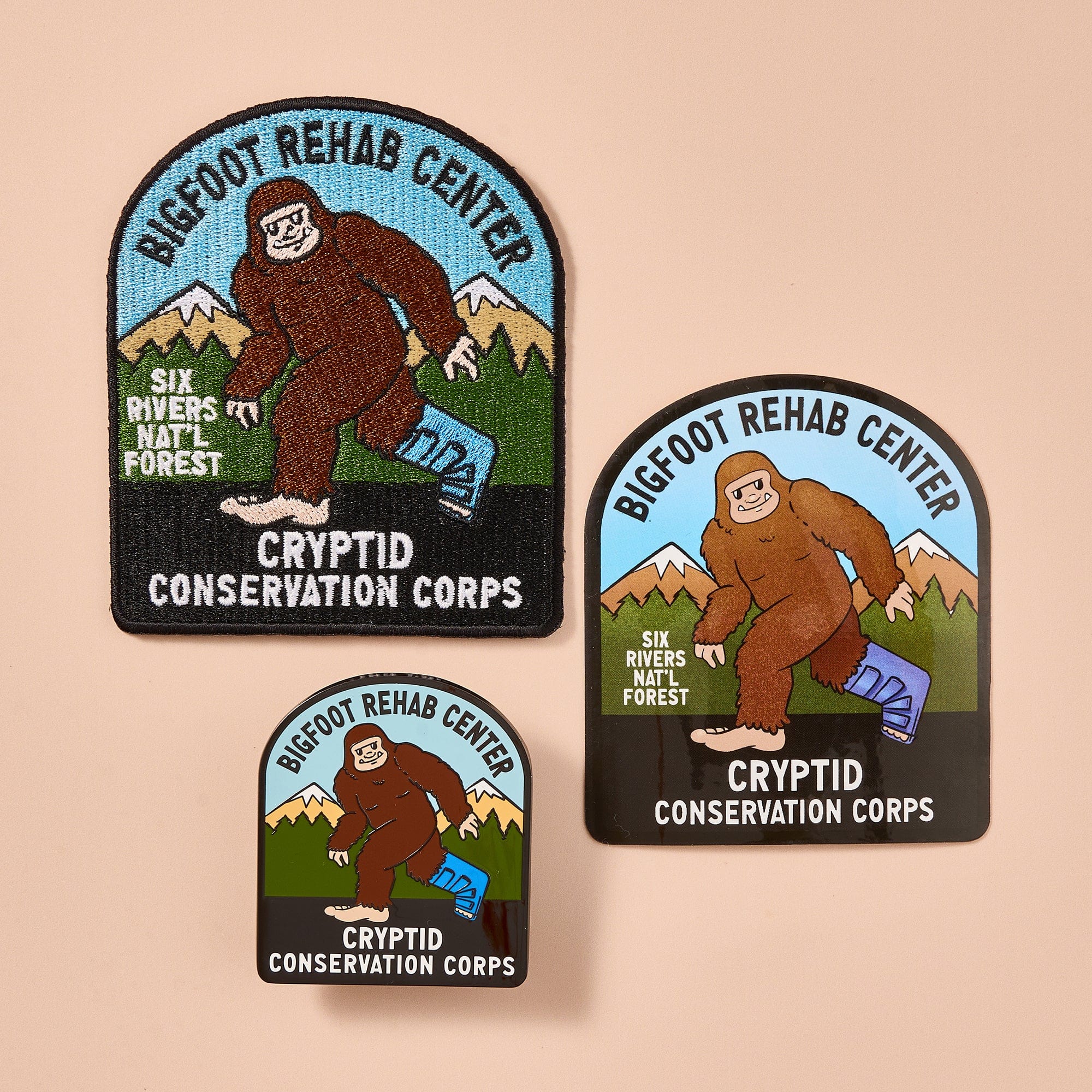Bigfoot Rehab Center Set: Pin, Sticker, and Patch