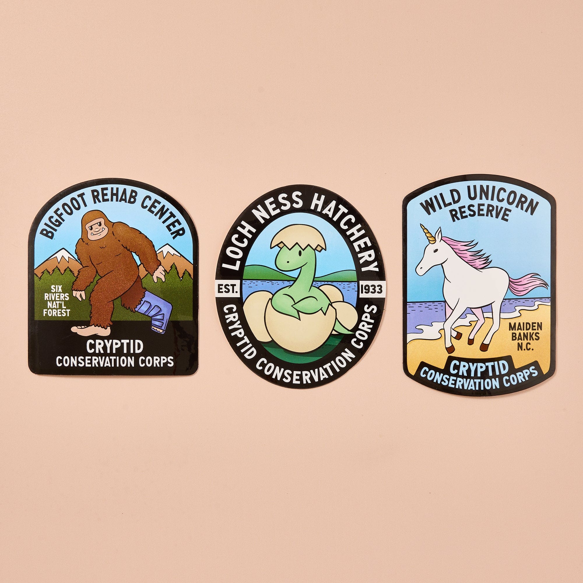 Loch Ness, Unicorn and Bigfoot: three sticker set