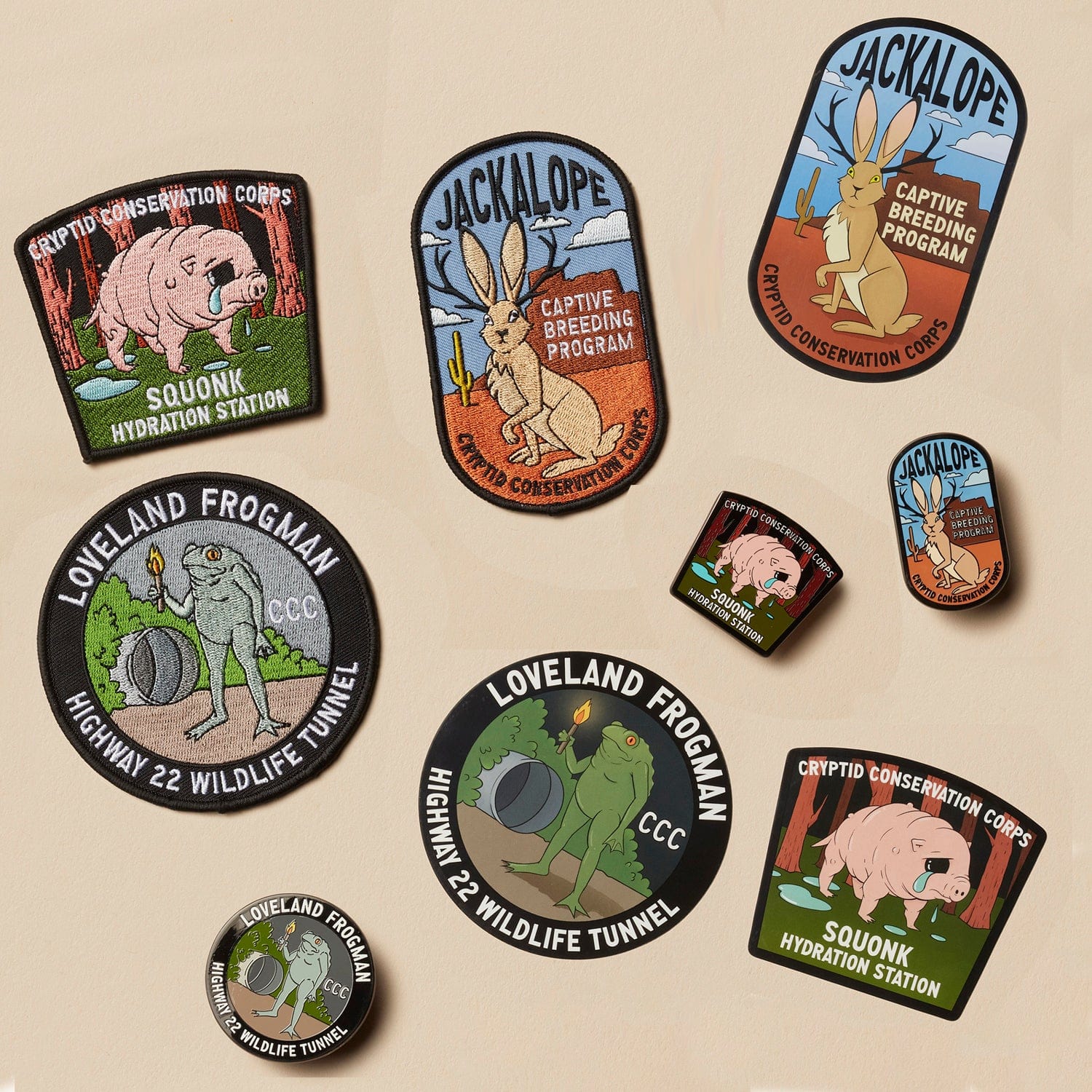 Cryptid Conservation Corps: All Series 2 Patches, Pins, and Stickers Set