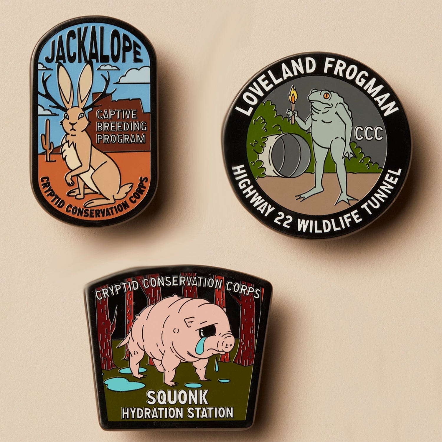 Jackalope, Frogman, Squonk: three pin set