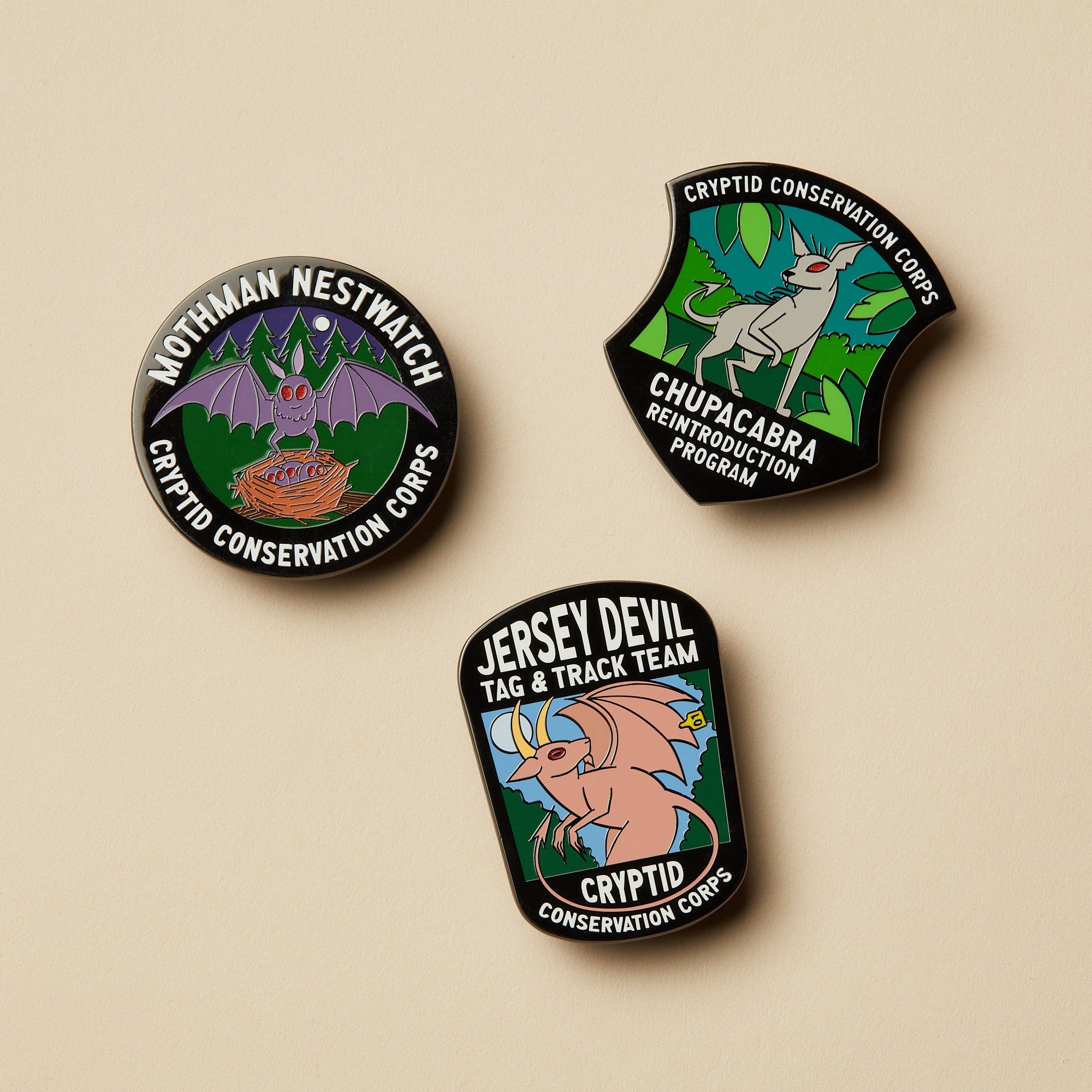 Cryptid Conservation Corps: All Series 2 Patches, Pins, and Stickers Set