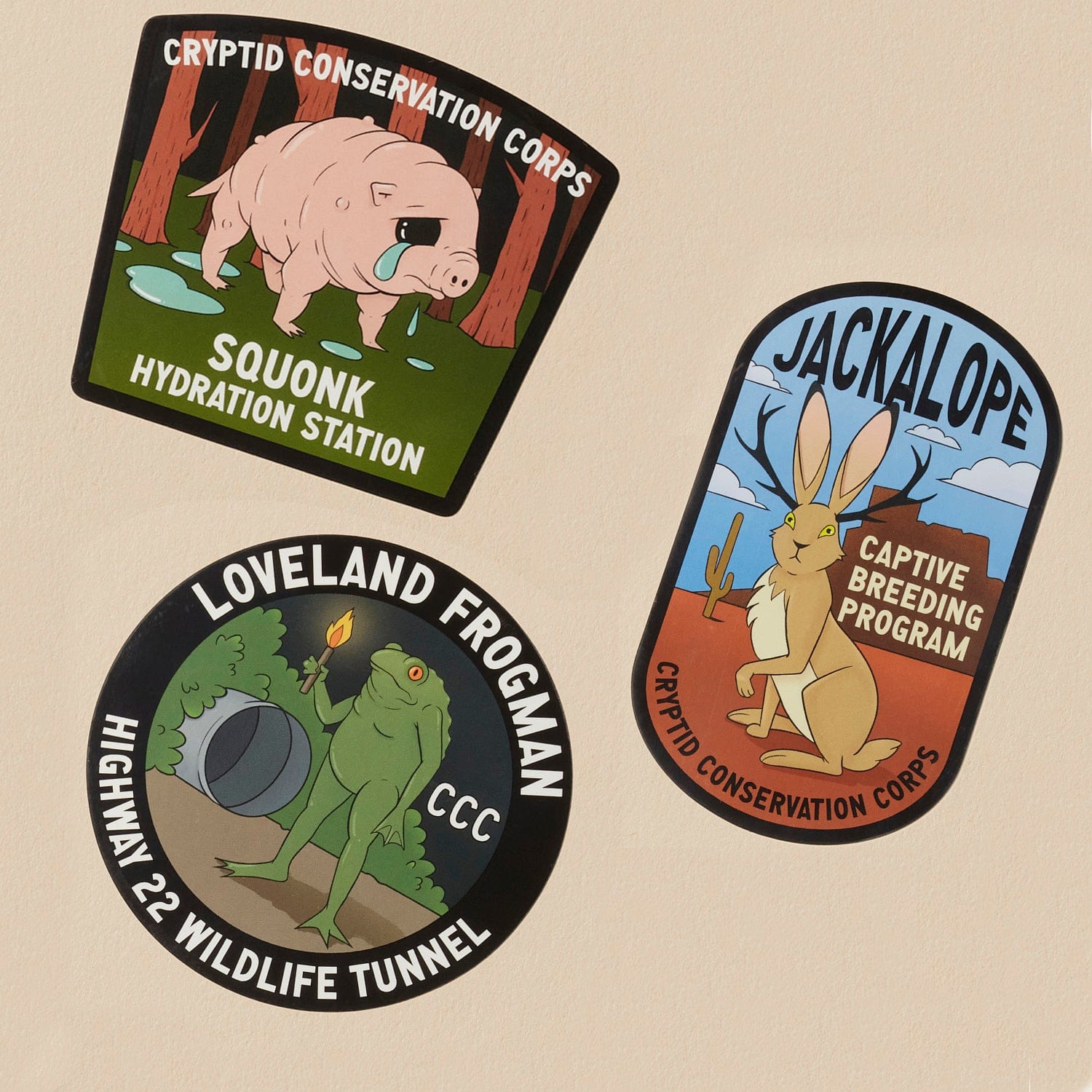 Jackalope, Frogman, Squonk: three sticker set